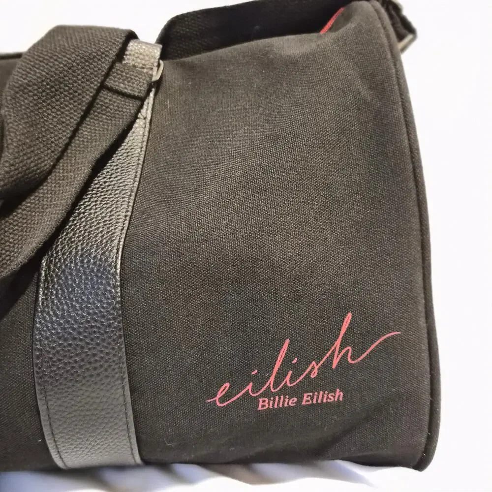 Billie Eilish Merch Black Duffle Weekender Gym Bag Pink Signature Logo Red Zip - Picture 2 of 7